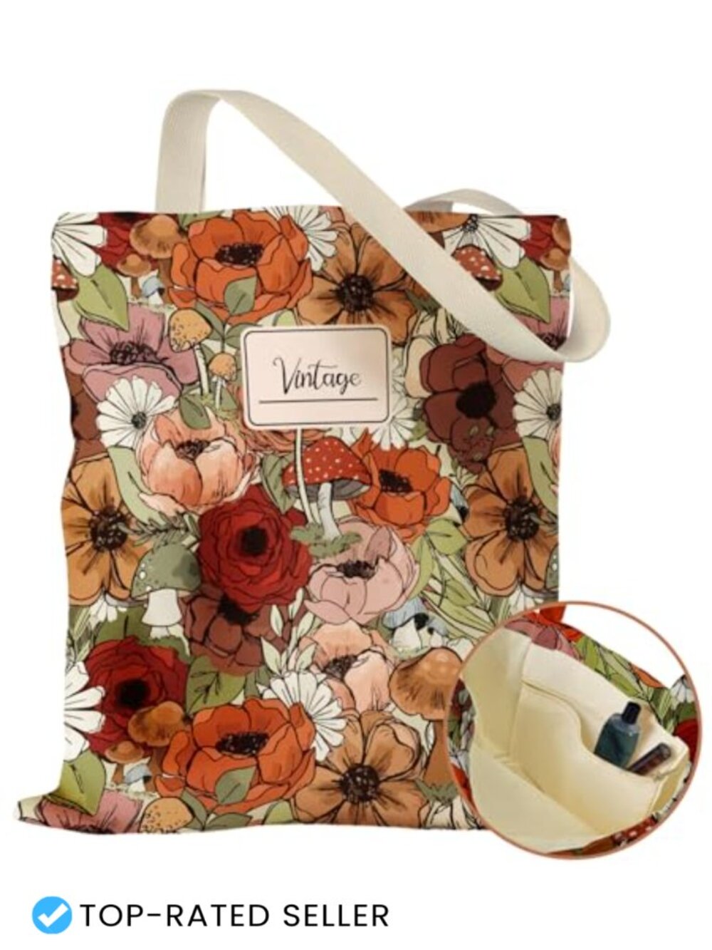Canvas Tote Bag for Women with Zippered Inner Pocket